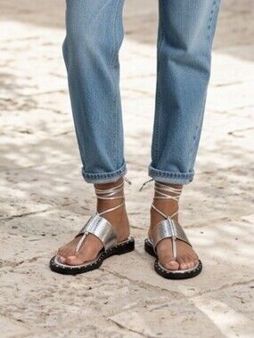 Michael Metallic Silver Stud-Trim Lace-Up Sandals